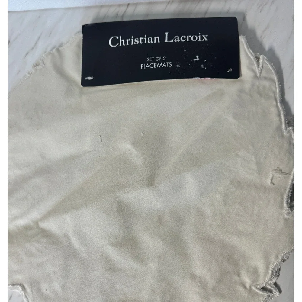 Christian Lacroix Set of 2 Round Placemats Beige Gold Embroidered Leaf Cotton